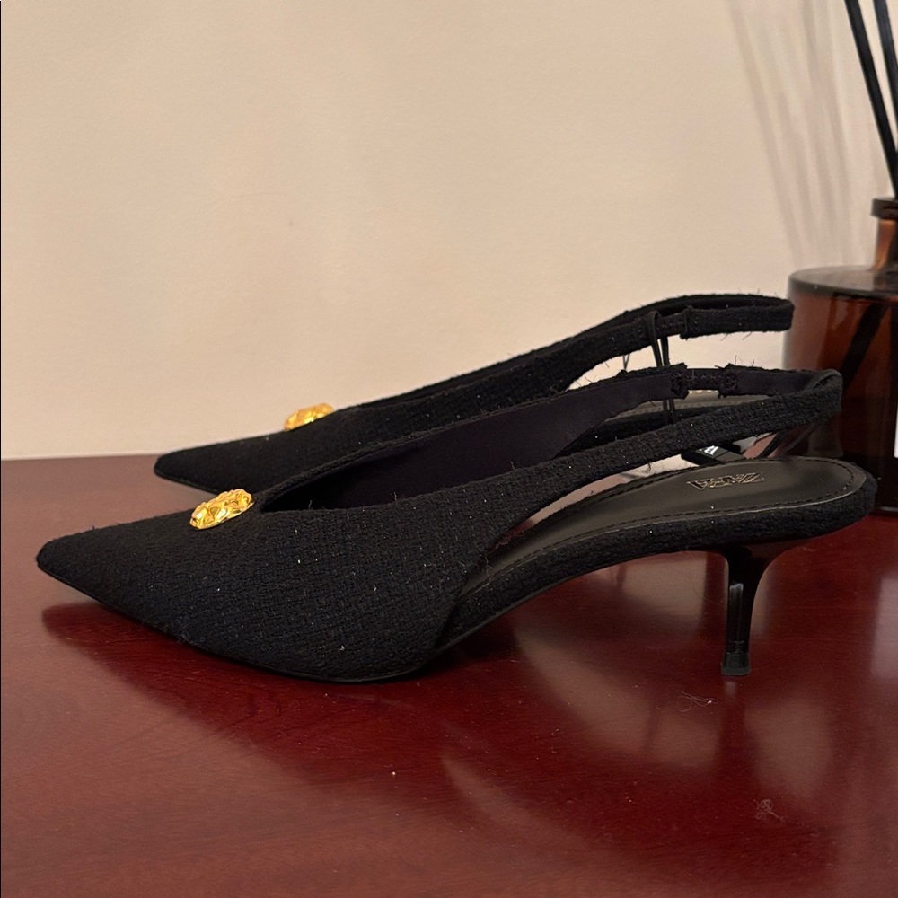 Zara tweed textured decorative button pointed toe black sling back heels sz.8 - Picture 10 of 13